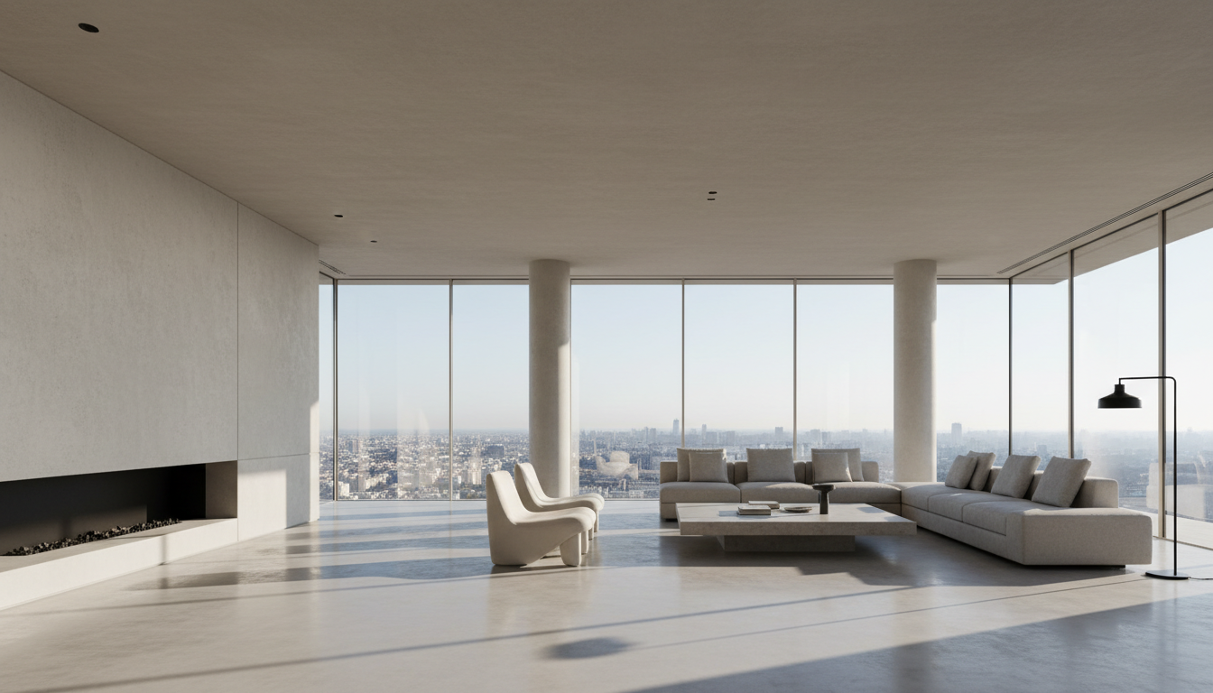 Pristine minimalist penthouse interior bathed in morning sunlight